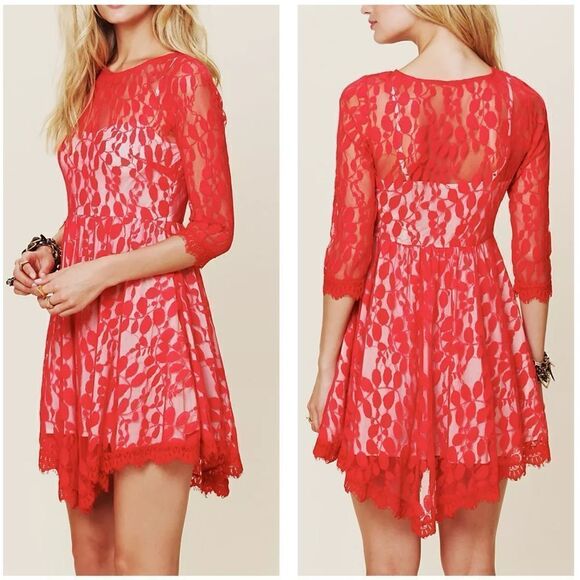 Free People Floral Mesh Lace Dress Red Size 6 - Picture 7 of 15
